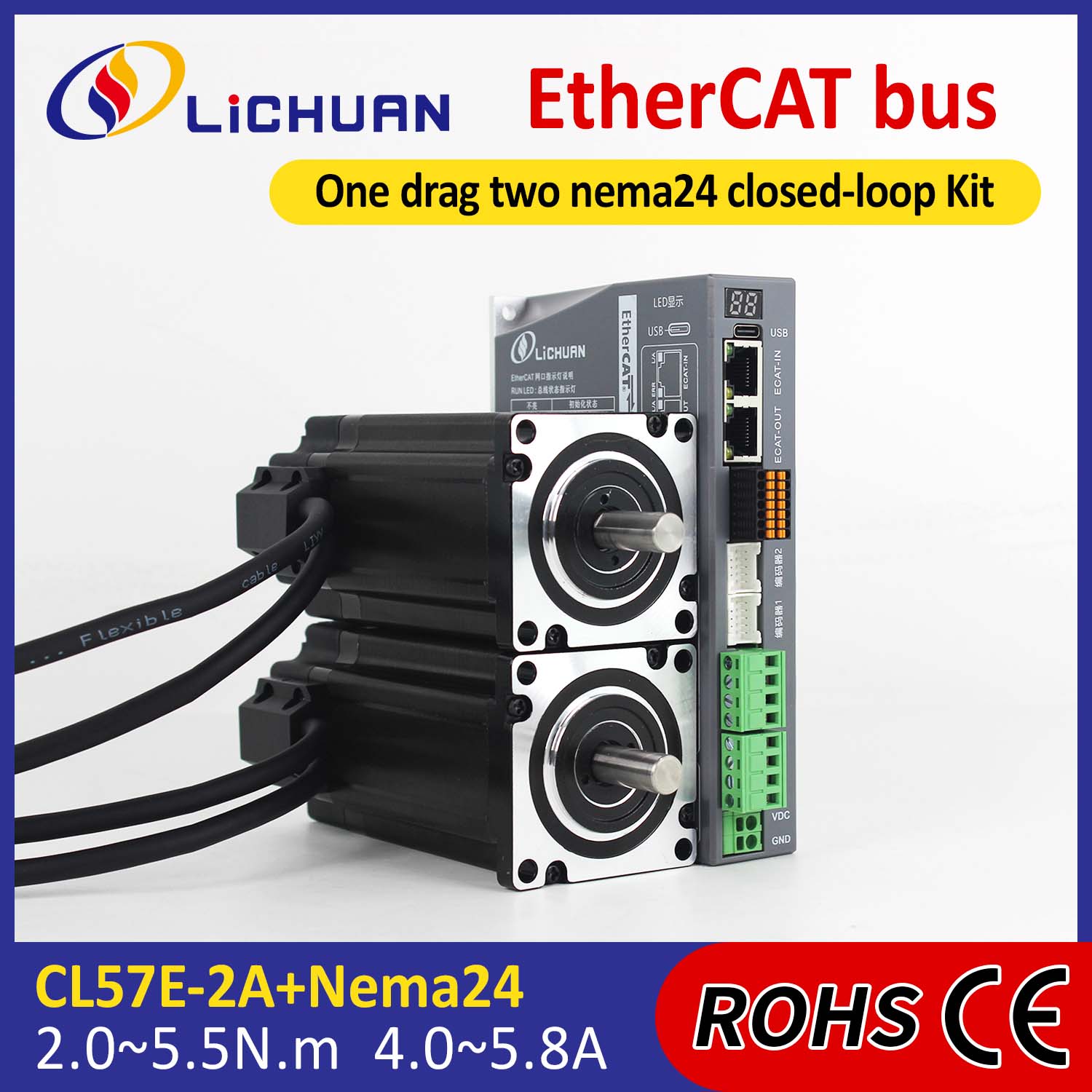 EtherCAT 2Phase Nema24 Kit de drivers de motor de passo de circuito fechado de 2 eixos DC