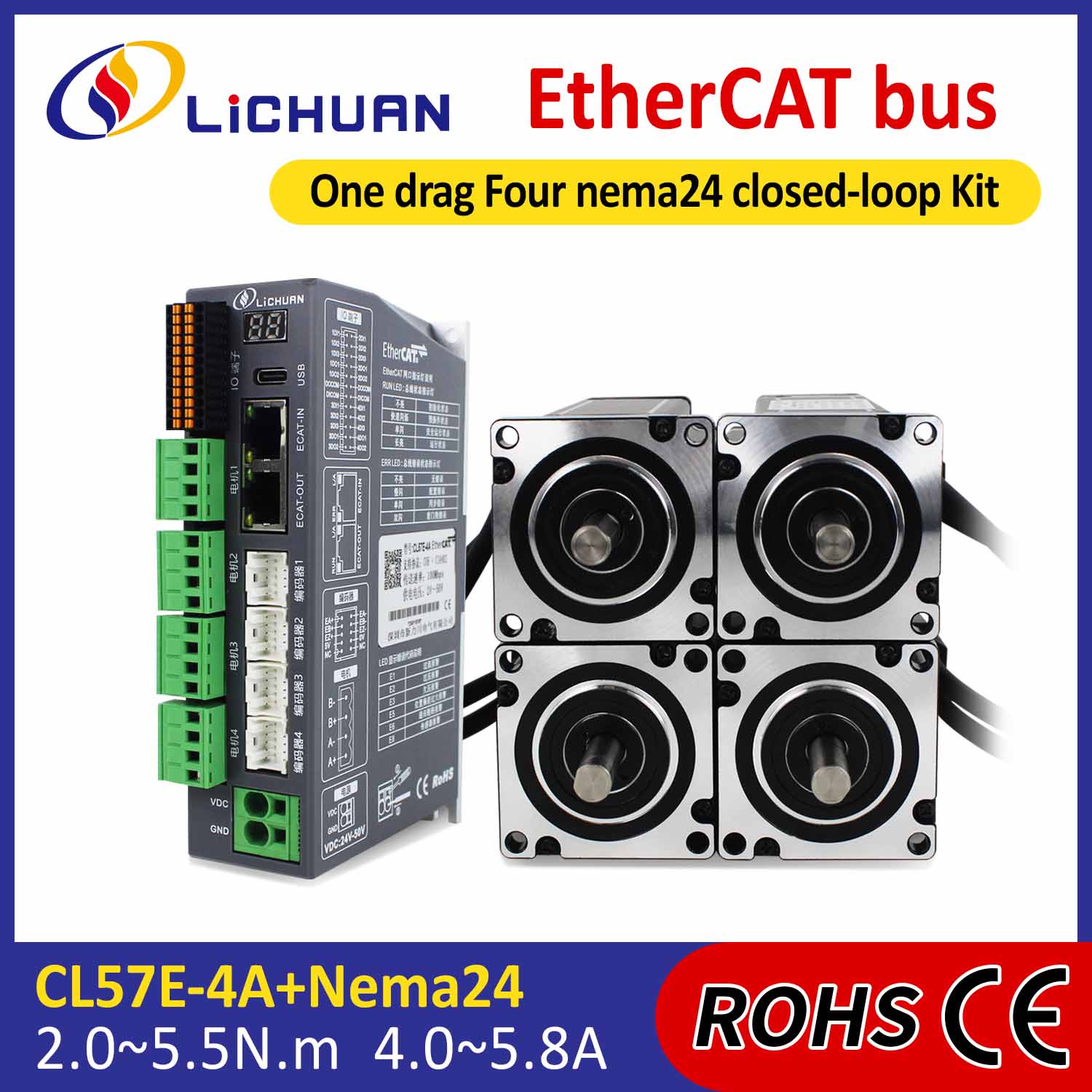 Kit de drivers de motor de passo de circuito fechado DC de 4 eixos EtherCAT 2Phase Nema24