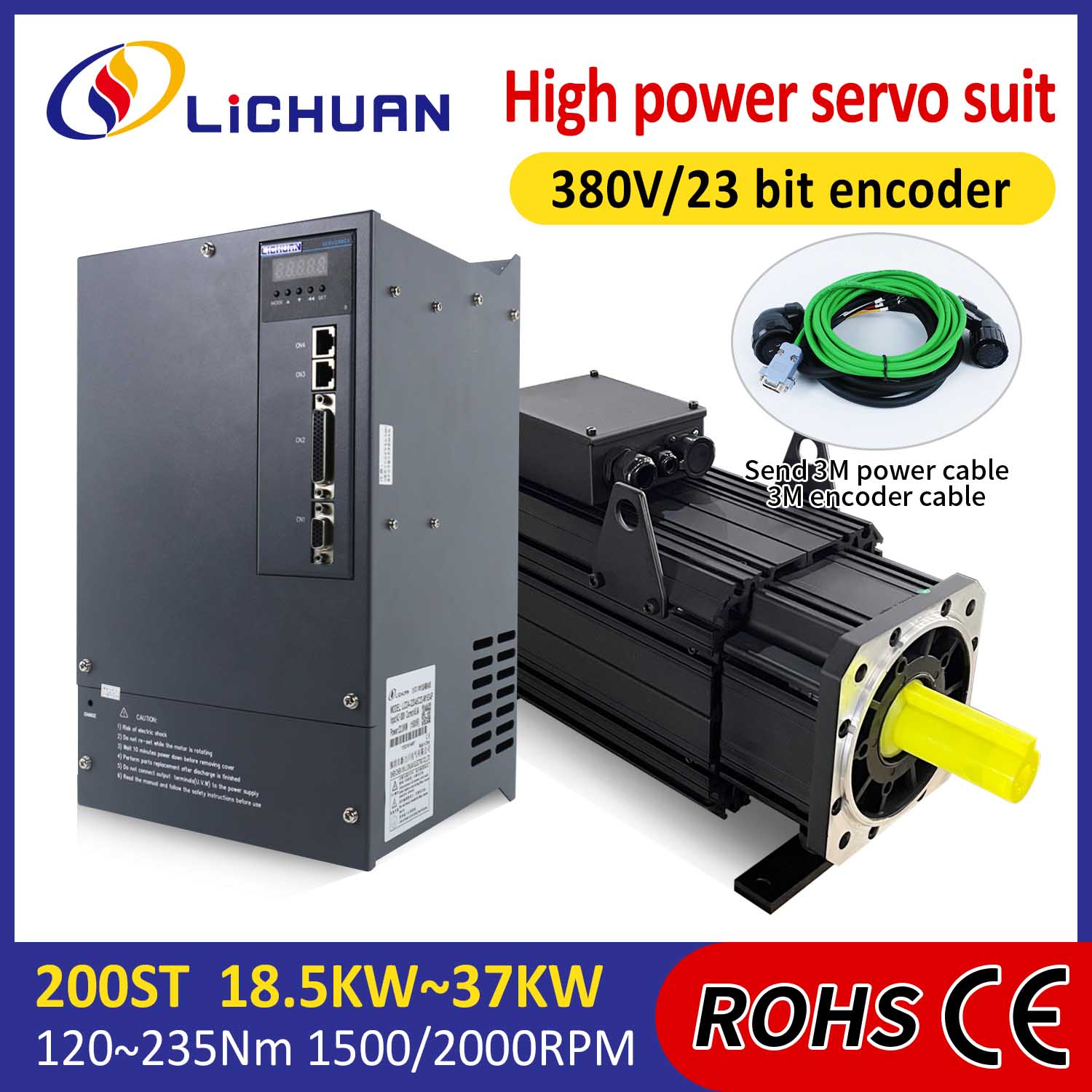 Kit de drivers de servo motor AC Lichuan ALTA POTÊNCIA 120N.m 18,5KW AC380V 31,8A 1500/2000RPM IP65