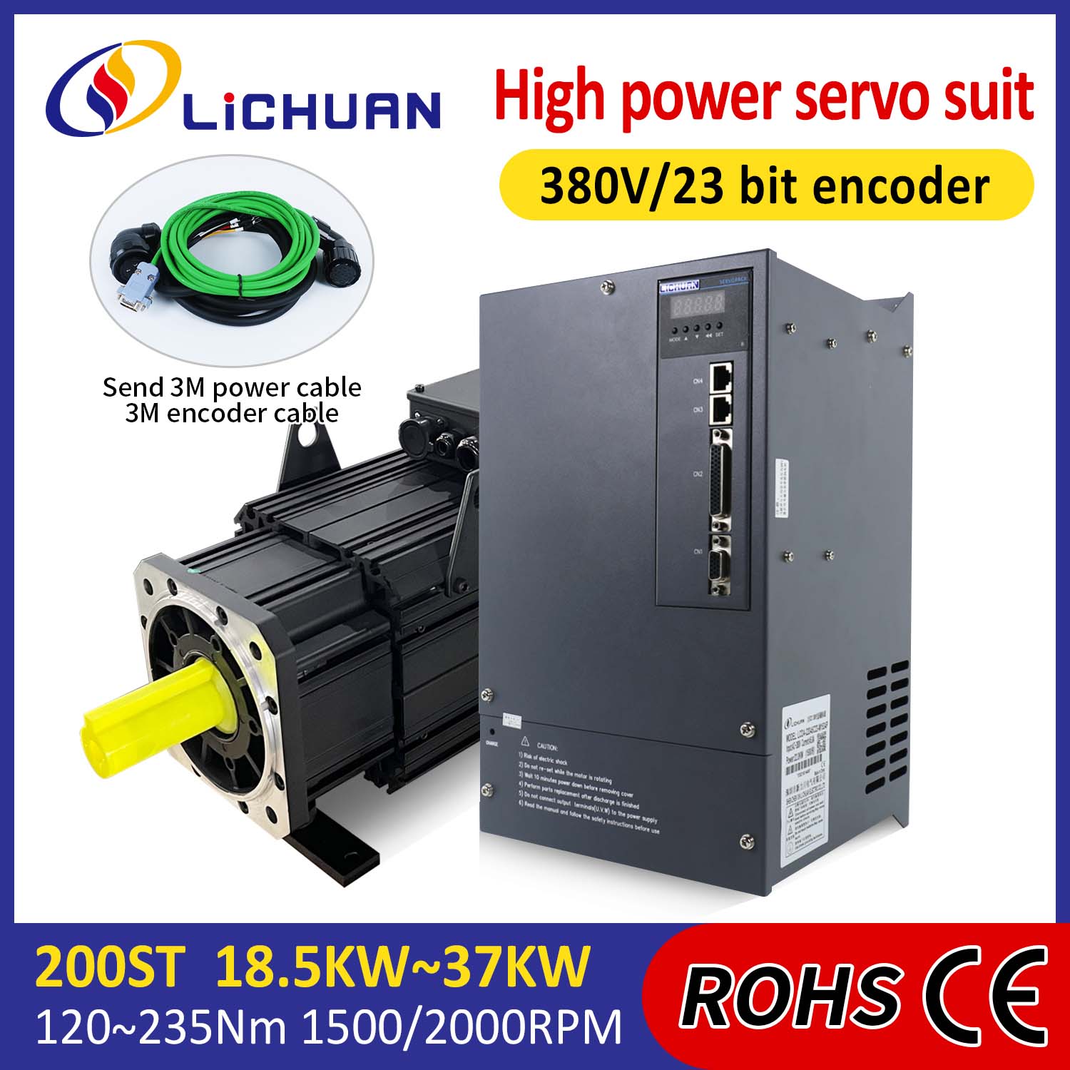 Kit de drivers de servo motor AC Lichuan ALTA POTÊNCIA 140N.m 22KW AC380V 44.7A 1500/2000RPM IP65