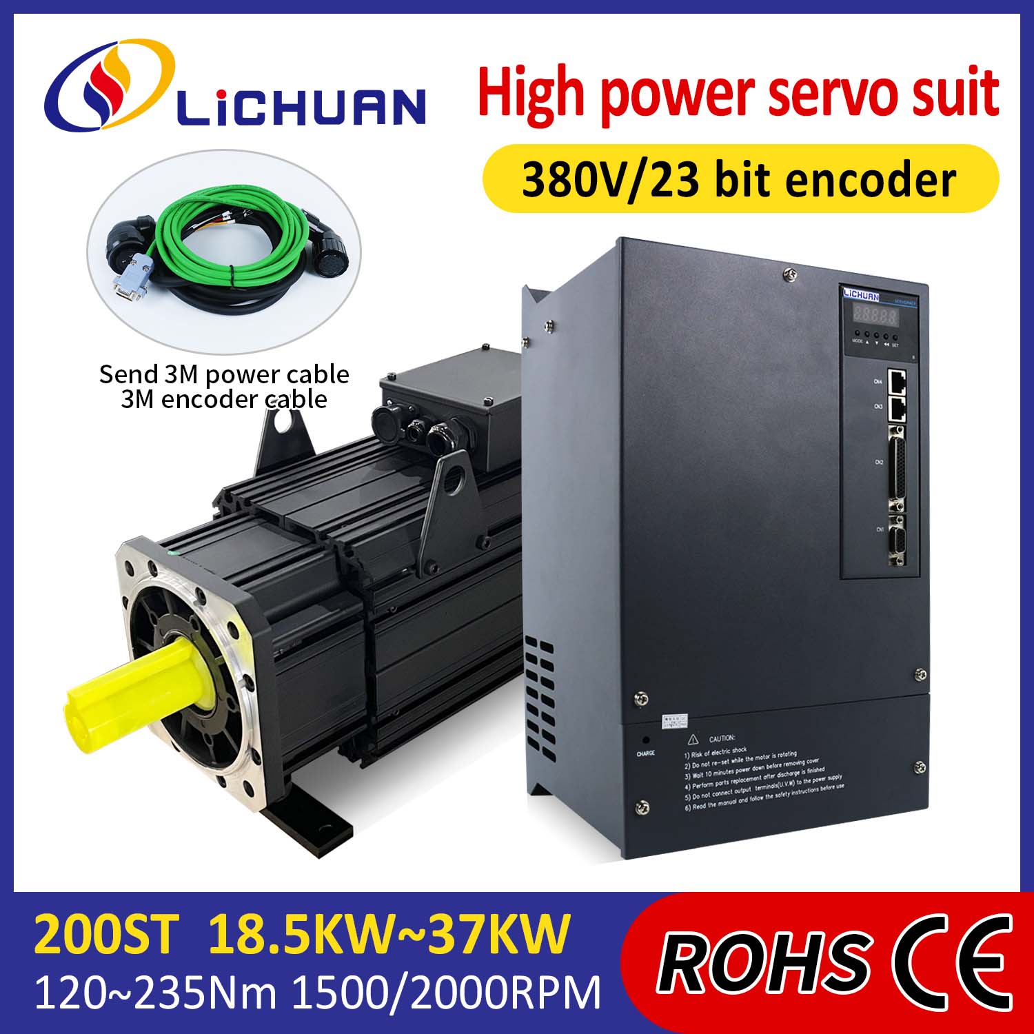 Kit de drivers de servo motor AC Lichuan ALTA POTÊNCIA 191N.m 30KW AC380V 52A 1500/2000RPM IP65