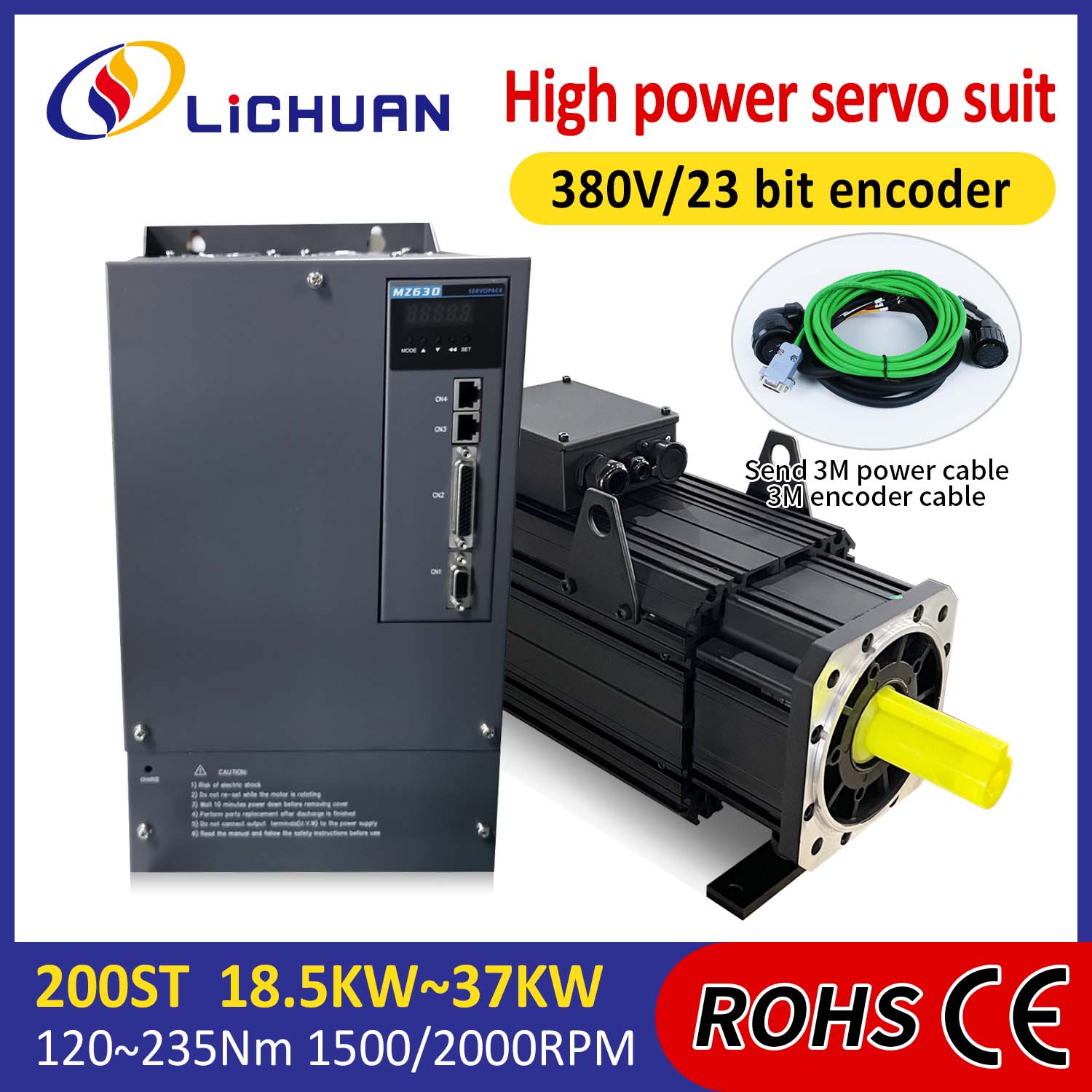 Kit de drivers de servo motor AC Lichuan ALTA POTÊNCIA 88N.m 18,5KW AC380V 31,6A 1500/2000RPM IP65