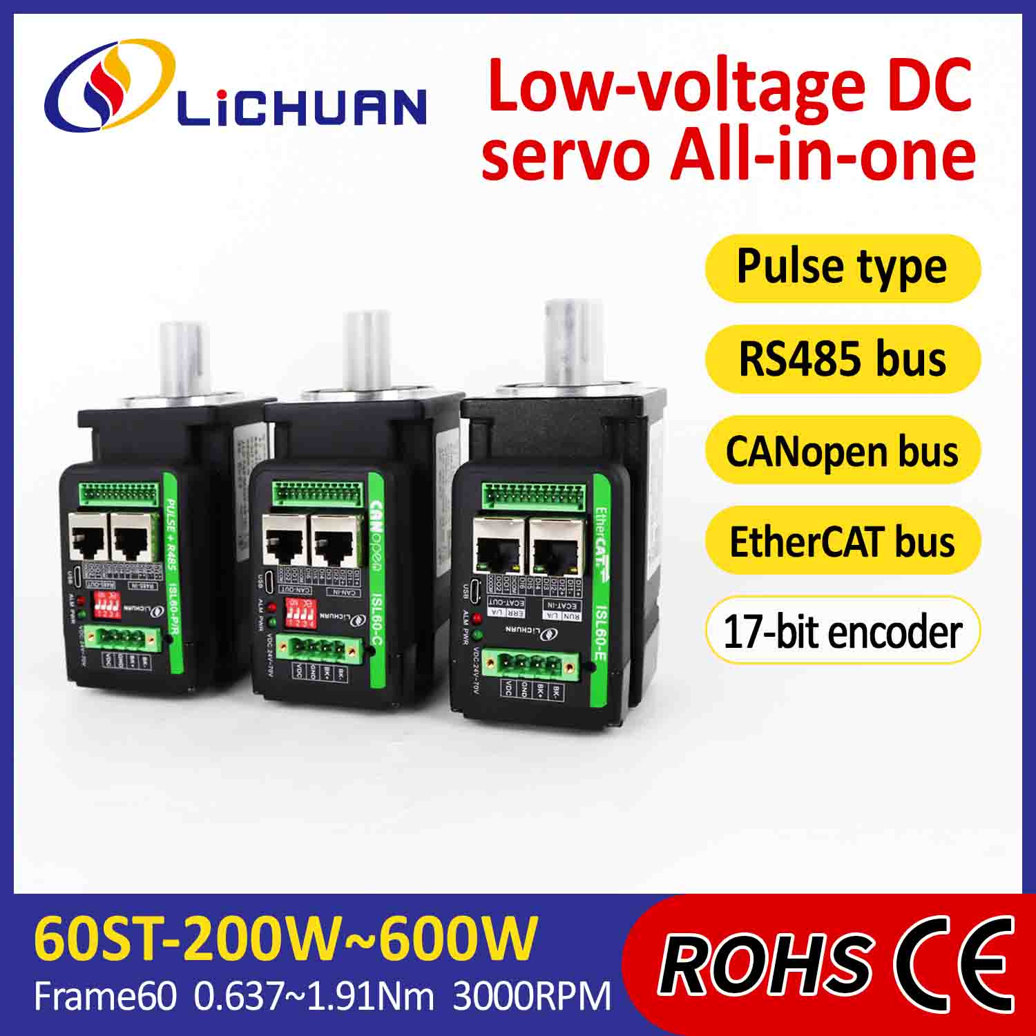 Driver de servomotores integrados Lichuan em forma de L 400W 1.27N.m DC24/48V 6.0/10/12/15A 3000RPM IP65