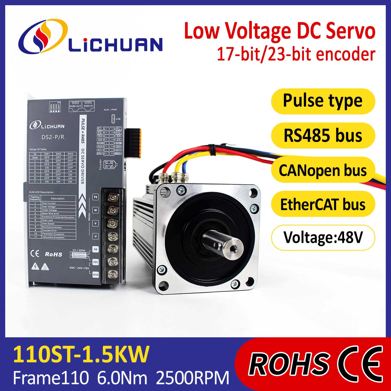 Pulse/RS485/CANopen/EtherCAT 110 FLANGEADO 1.5KW/1500W Kit de drivers de servo motor DC de baixa tensão