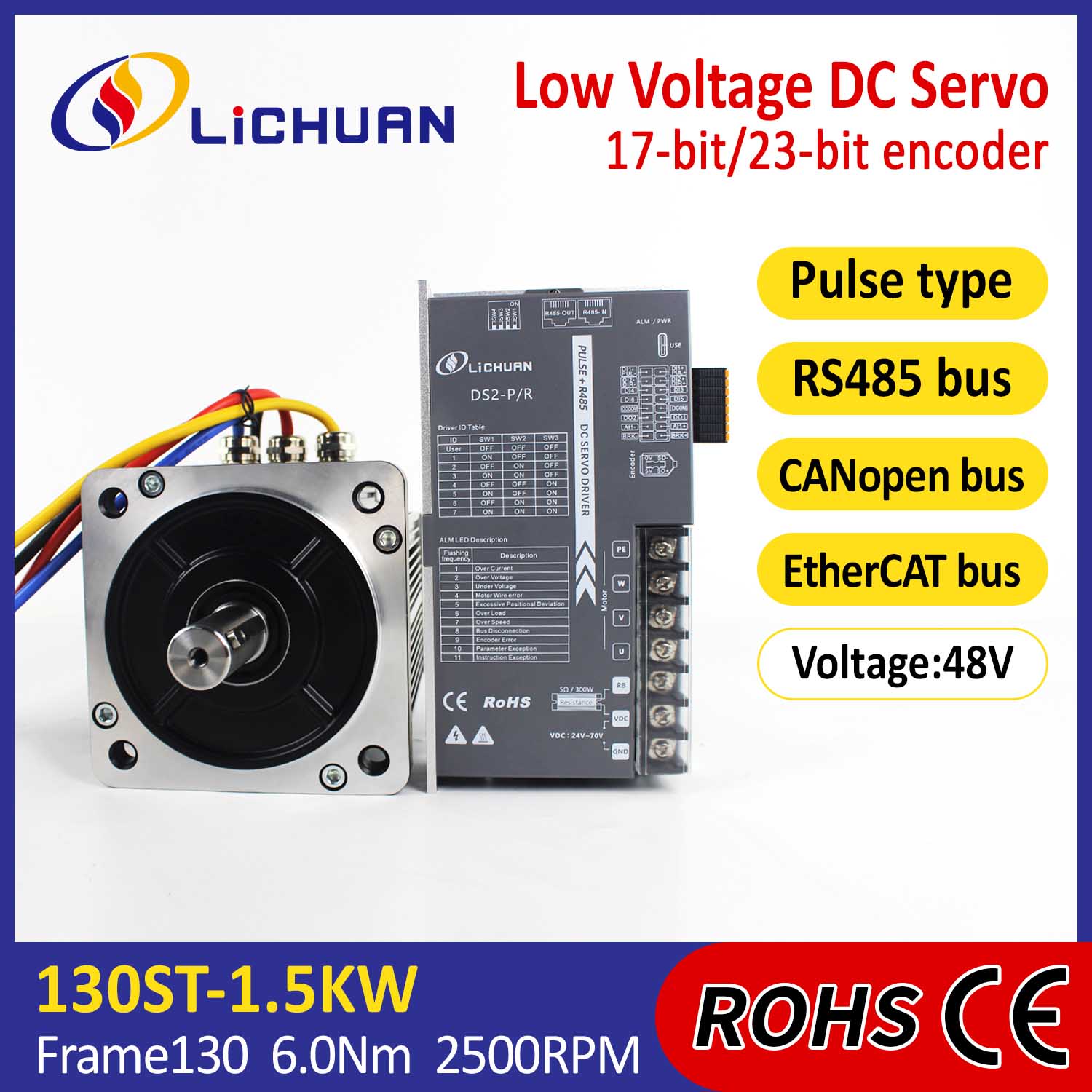 Pulse/RS485/CANopen/EtherCAT 130 FLANGEADO 1.5KW/1500W Kit de drivers de servo motor DC de baixa tensão