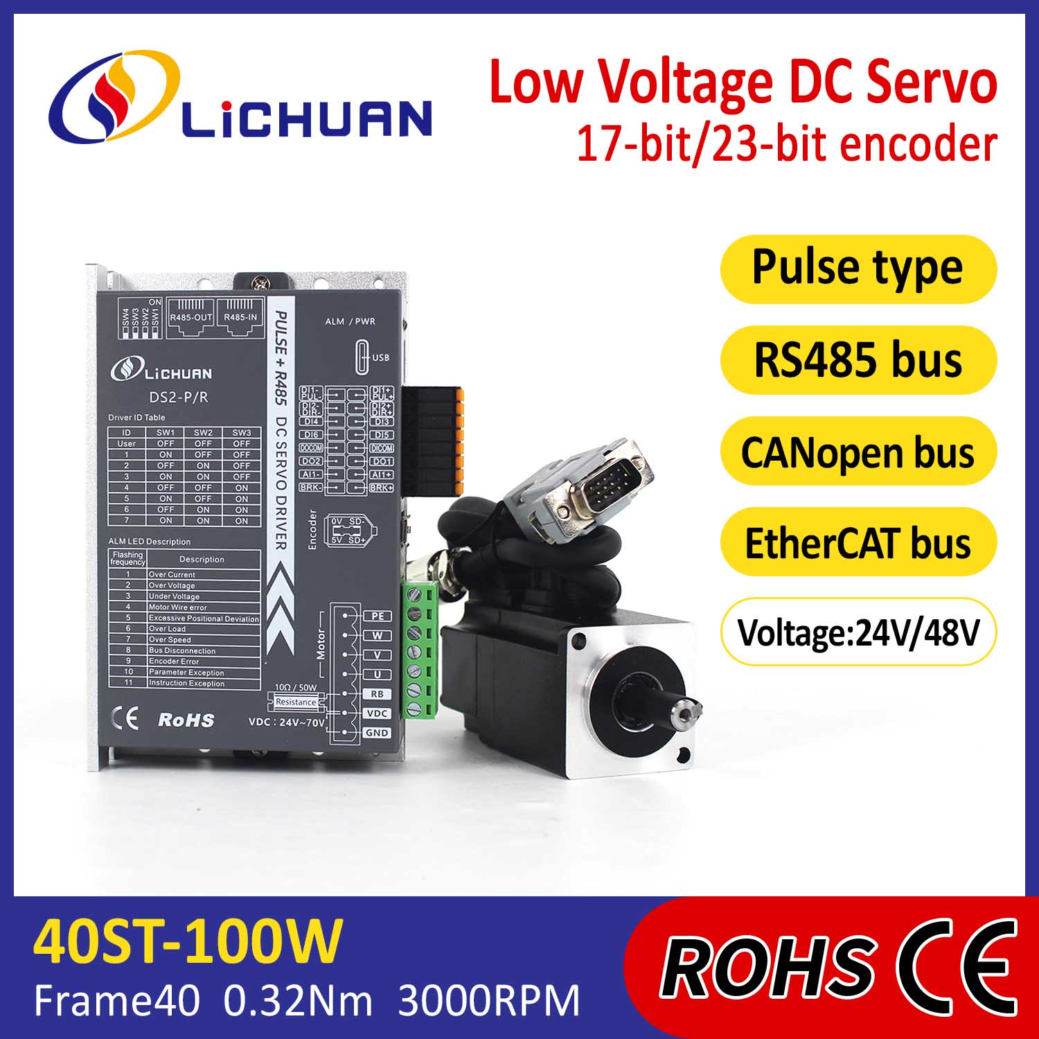 Pulse/RS485/CANopen/EtherCAT 40 FLANGEADO 100W Kit de drivers de servo motor DC de baixa tensão