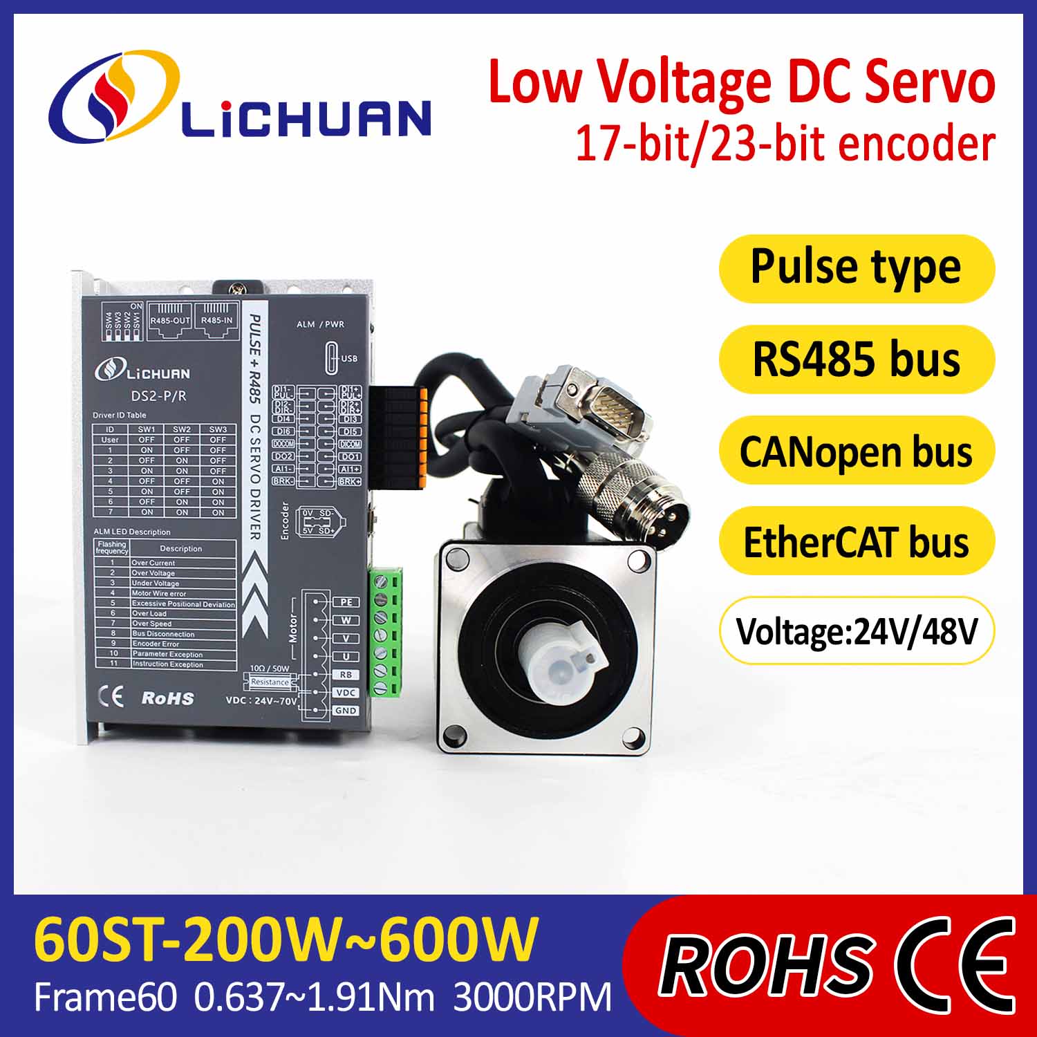 Pulso/RS485/CANopen/EtherCAT 60 FLANGEADO 200W/400W/600W Kit de drivers de servo motor DC de baixa tensão