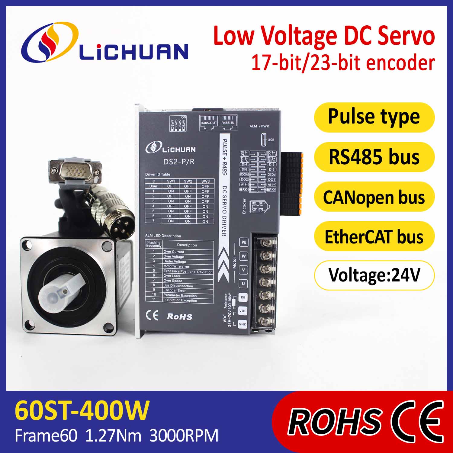 Pulse/RS485/CANopen/EtherCAT 60 FLANGED 400W Kit de drivers de servo motor DC de baixa tensão